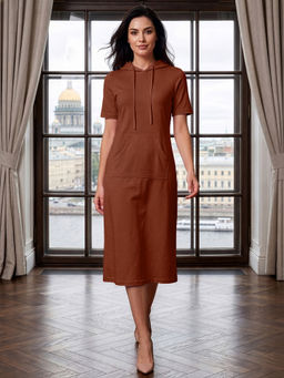 BRINNS - Brown T-Shirt Midi Hooded Dress