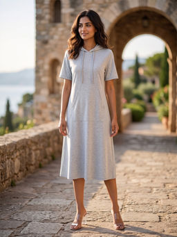 BRINNS - Grey T-Shirt Midi Hooded Dress