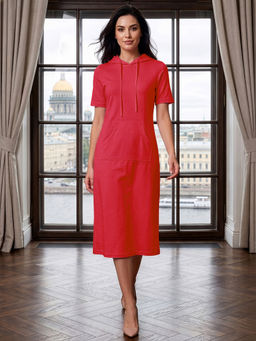 BRINNS - Red T-Shirt Midi Hooded Dress