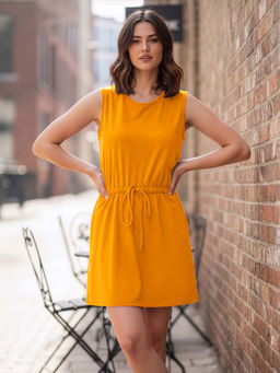 BRINNS - Mustard Waist Tie- Up Sleeveless Short Dress