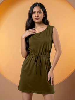BRINNS - Olive Waist Tie- Up Sleeveless Short Dress