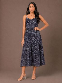 BRINNS - Navy Blue Shoulder Straps Cotton Fit and Flare Dress