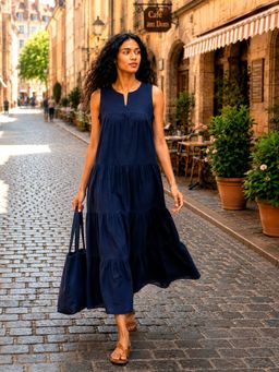 Mabish By Sonal Jain - Navy Blue Pure Cotton Maxi Layered Flare Dress