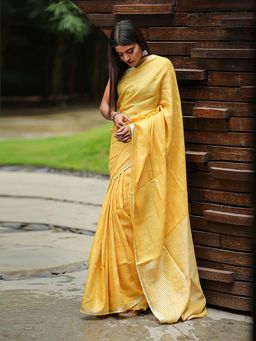 Beatitude - Yellow Handwoven Solid Linen Saree Silver Zari Border with Unstitched Blouse