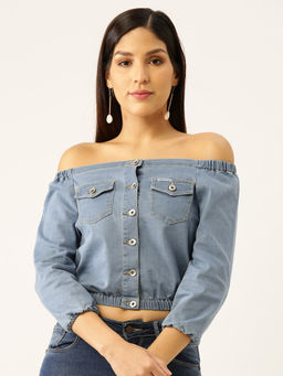 Xpose - Blue Off-Shoulder Denim Bardot Crop Top