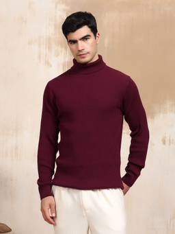 Kvetoo - Men's Cotton Turtle Neck Burgundy Sweater