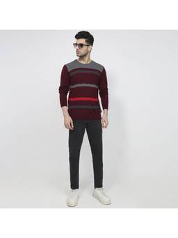 Raymond - Men Regular Fit Striped Dark Maroon Sweater
