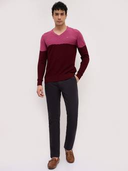 Raymond - Men Regular Fit Textured Maroon Sweater