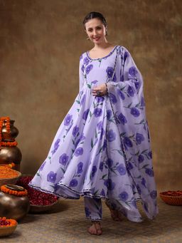 POMCHA - Meraki Fida Purple Muslin Anarkali with Pant and Dupatta (Set of 3)