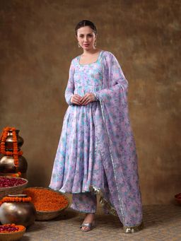 POMCHA - Meraki Jiya Lavender Floral Print Anarkali with Pant and Dupatta (Set of 3)