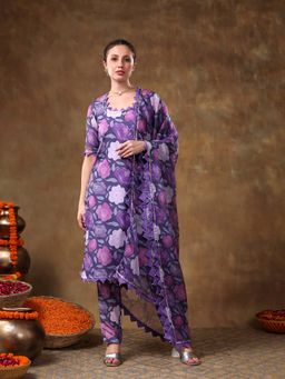 POMCHA - Meraki Gilbane Purple Floral Kurta with Pant and Dupatta (Set of 3)