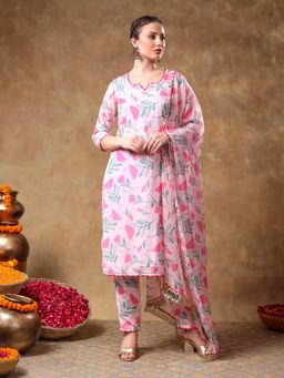 POMCHA - Meraki Aamira Pink Floral Muslin Kurta with Pant and Dupatta (Set of 3)