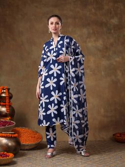 POMCHA - Meraki Flower Blue Muslin Kurta with Pant and Dupatta (Set of 3)
