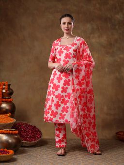 POMCHA - Meraki Orange Floral Print Muslin Kurta with Pant and Dupatta (Set of 3)