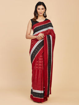 Fabindia - Red Cotton Woven Ikat Saree Without Blouse