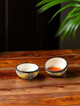 ExclusiveLane - 'Californian Sunflowers' Hand-Painted Ceramic Chutney & Dip Bowl (Set of 2)