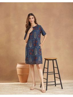 Fabindia - Blue Cotton Linen Bagru Printed Short Dress