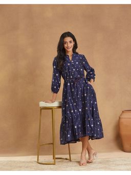 Fabindia - Blue Cotton Silk Blend Cutwork Midi Dress