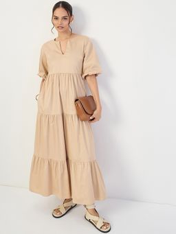 Femmella - Beige Cotton Tiered Maxi Dress