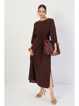 Femmella - Coffee Brown Crinkled Round Neck Maxi Dress
