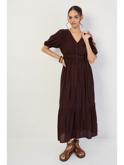 Femmella - Coffee Brown Crinkled V-Neck Maxi Dress