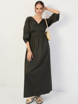 Femmella - Olive Cotton Corset Detailing Maxi Dress
