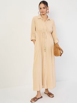 Femmella - Beige Crinkled Button Down Maxi Dress