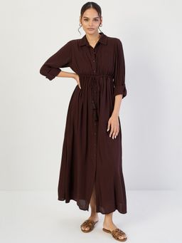 Femmella - Coffee Brown Crinkled Button Down Maxi Dress