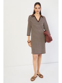 Femmella - Brown Striped Polo Knit Knee Length Dress