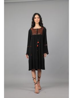 STIL-O-STITCH - Black Linen Blend Casual A-Line Above Knee Dress