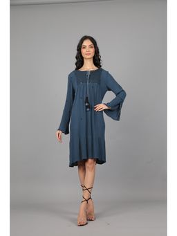 STIL-O-STITCH - Blue Linen Blend Casual A-Line Above Knee Dress