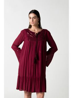 STIL-O-STITCH - Maroon Blended Casual Shift Knee Length Dress