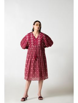 STIL-O-STITCH - Maroon Cotton Casual A-Line Midi Dress