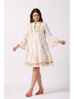 STIL-O-STITCH - Cream Cotton Casual Fit And Flare Knee Length Dress