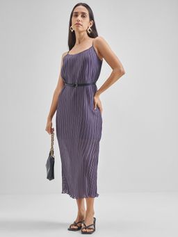 TOKYO TALKIES - Women Violet Solid Pleated Strappy Midi Slip Dress