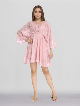 TOKYO TALKIES - Women Pink Jacquard Sequin Mini Dres Kimono Sleeves
