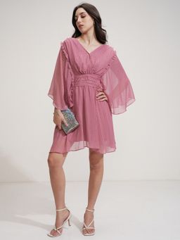TOKYO TALKIES - Women Rose Solid Woven Ruffled Fit And Flared Flowy Mini Dress