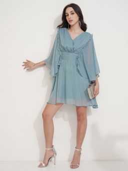 TOKYO TALKIES - Women Blue Solid Woven Ruffled Fit And Flared Flowy Mini Dress