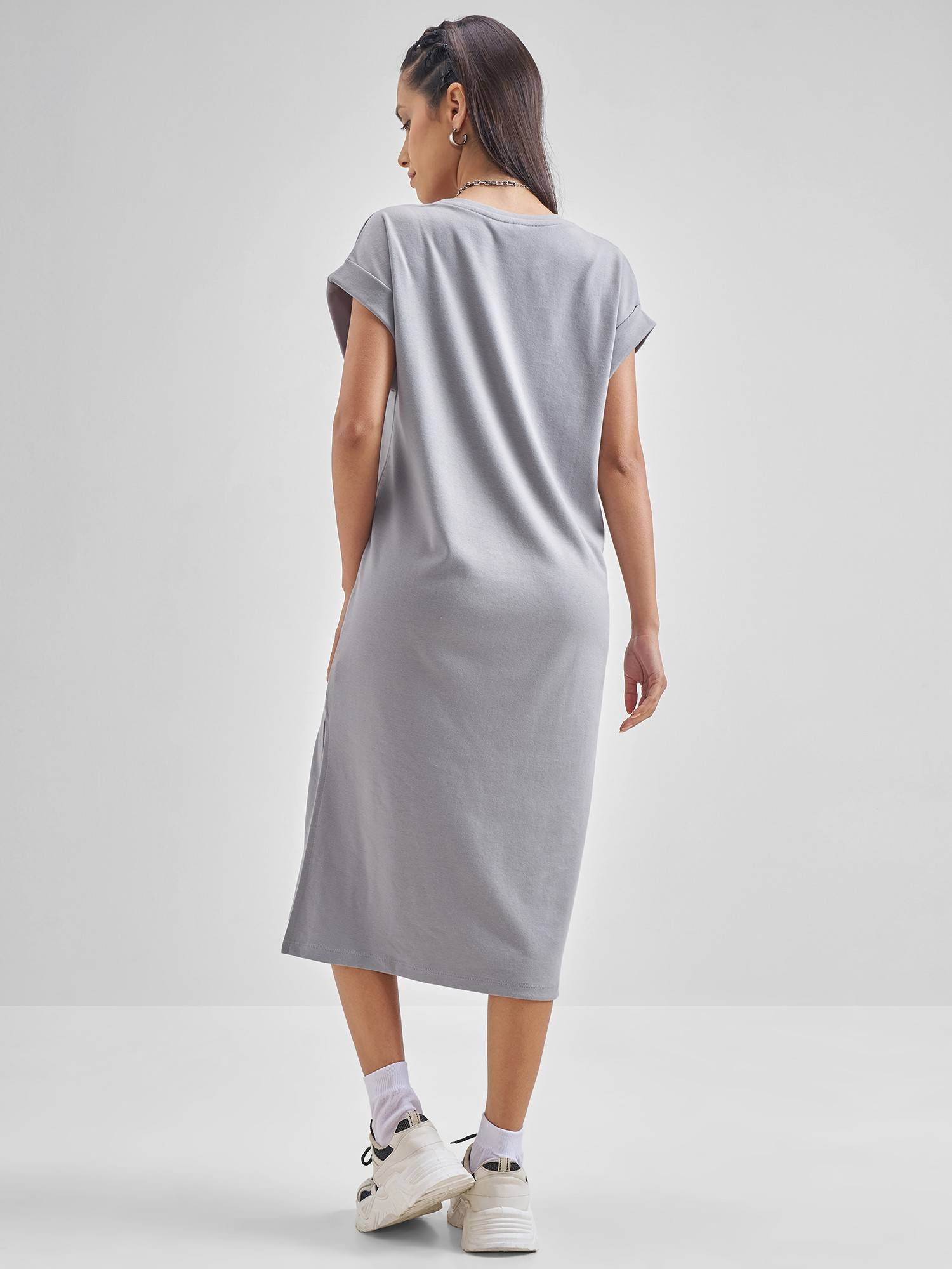 Buy TOKYO TALKIES Women Grey Printed Midi T-shirt Dress (L) Online