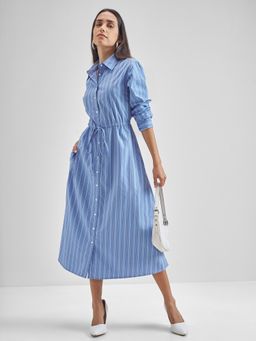 TOKYO TALKIES - Women Blue Multi Striped Midi Length Holiday Shirt Dress