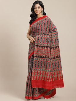 Yufta - Women Red & Beige Ethnic Motifs Pure Cotton Block Print Saree with Unstitched Blouse