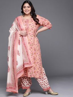 Extra love by Libas - Pink Printed Cotton Straight Kurta Sets for Women