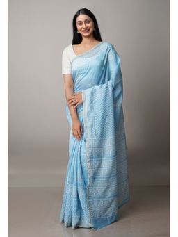 Unnati Silks - Light Blue Pure Block Printed Chanderi Sico Saree with Unstitched Blouse