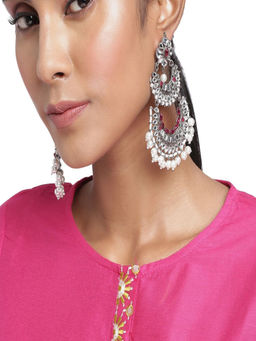 Accessher - Oxidised Silver Mirror And Pearl Embellished Chandbali Drop Earrings For Women
