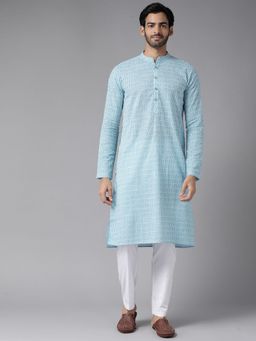 See Designs - Men Blue Coloured & White Printed Cotton Kurta With Pyjama (Set of 2)