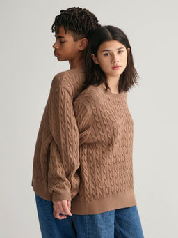 GANT - Kids Brown Self Design Round Neck Full Sleeves Sweater