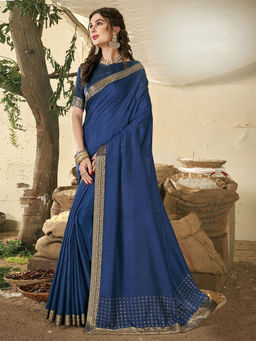 Odette - Navy Blue Vichitra Solid Pattern Saree with Unstitched Blouse