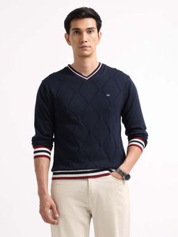 Arrow Sports - Men Blue Cotton V-Neck Sweater