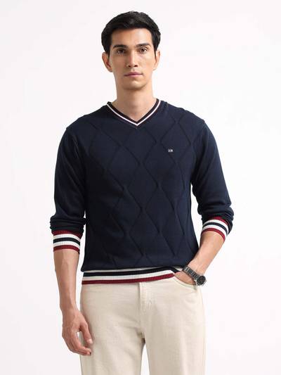 Men Blue Cotton V-Neck Sweater