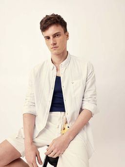 The Bear House - Men White Cotton Collar Neck Shirt